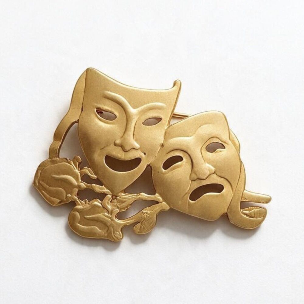 Theater Brooch Drama Comedy Tragedy Masks Roses Vintage Gold Toned 1980s